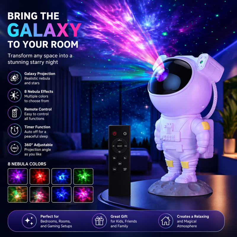Astronaut Galaxy Star Projector – Nebula Night Light with Remote Control & 360° Rotating Head
