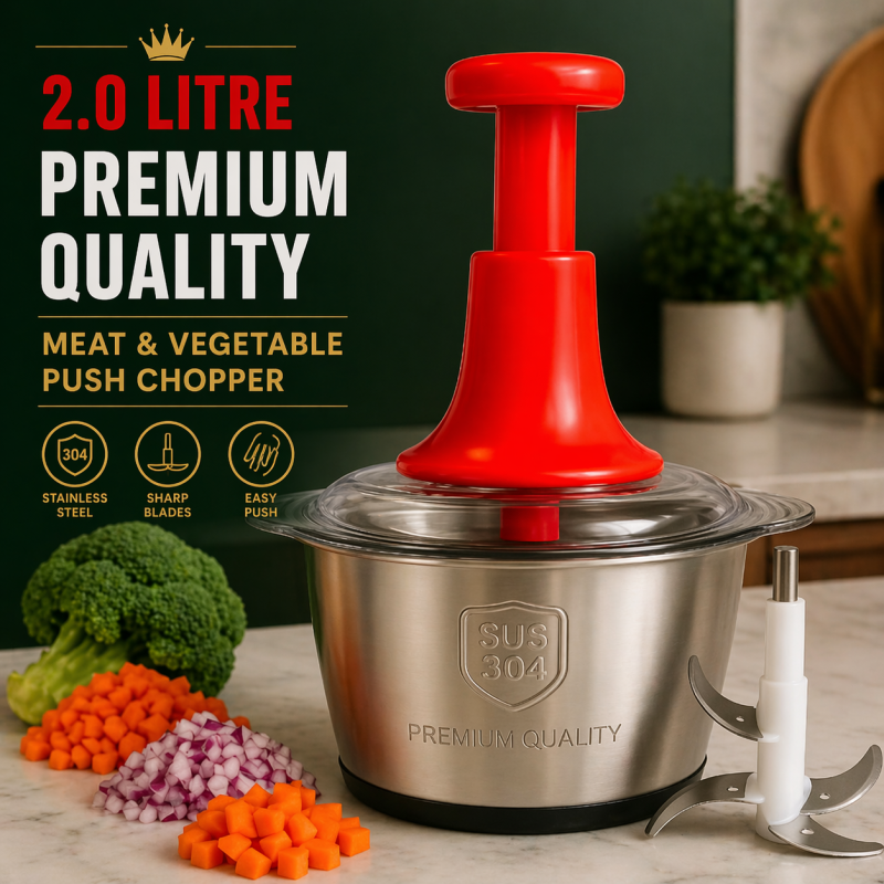 2L Manual Hand Push Chopper – Stainless Steel 4-Blade Multifunction Food Processor