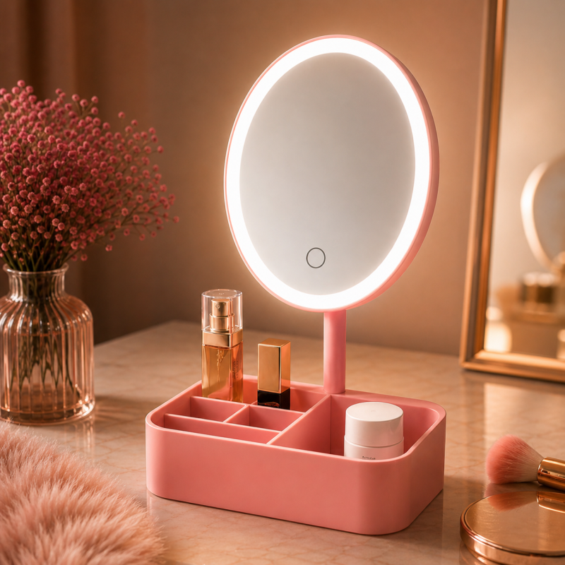 LED Vanity Mirror Organizer – Elegant Makeup Storage with Built-in Light