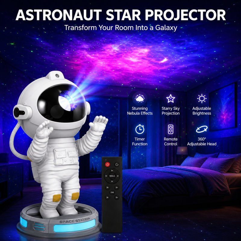 Astronaut Galaxy Star Projector – Nebula Night Light with Remote Control & 360° Rotating Head