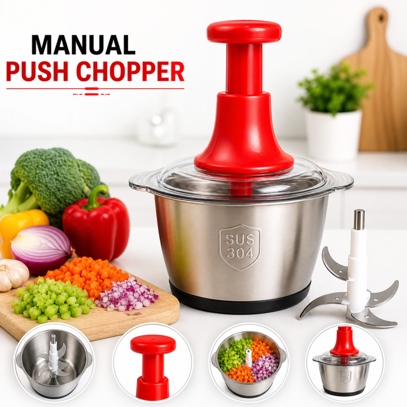 2L Manual Hand Push Chopper – Stainless Steel 4-Blade Multifunction Food Processor
