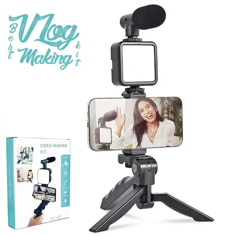 Video Making & Vlogging Kit – Tripod, Mic, LED Light & Phone Holder for TikTok & Podcasting