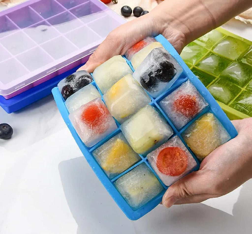 15-Cell Silicone Ice Cube Tray with Lid – Big Size Ice Cube Maker Mold for Quick Freeze
